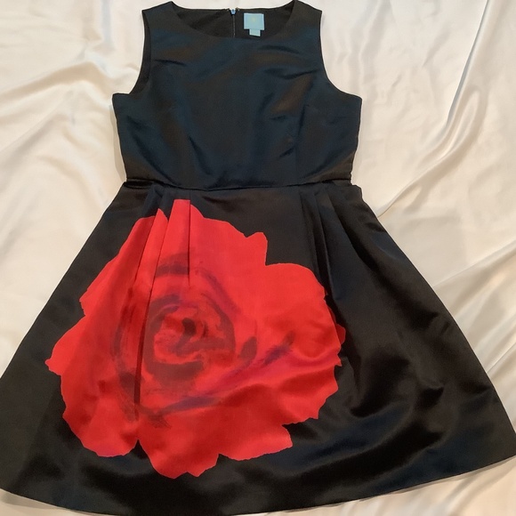 Cece by Cynthia Steffe Black Satin Red Rose Fit and Flare Cocktail Dress, Size 6 - Picture 12 of 15